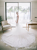 Sexy Appliqued Beach Wedding Dress with Racerback Ivory Illusion Neckline Wedding Gown AWD1689-SheerGirl