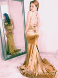 Sexy Gold Satin Mermaid Prom Dresses Spaghetti Strap Backless Prom Dress ARD1888-SheerGirl