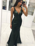 Sexy Long Green Mermaid Lace Prom Dresses Sequins Backelss Formal Evening Dress APD3371-SheerGirl