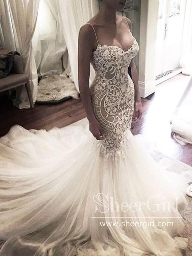 Sexy Plunging Sweetheart Neckline Lace Wedding Gown - Promfy