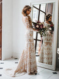 Sexy Nude Mermaid Wedding Dresses Long Sleeve Ivory Lace Rustic Wedding Dress AWD1220-SheerGirl