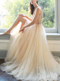 Sexy V Neck Beaded Champagne Tulle Prom Dresses with Side Slit ARD1988-SheerGirl