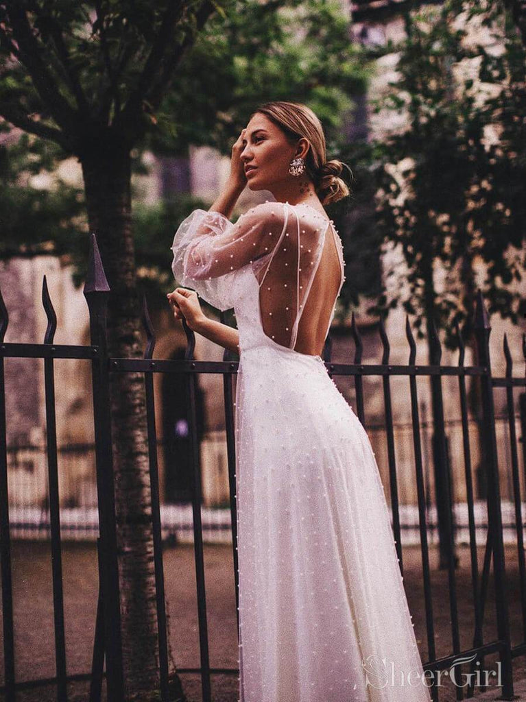 Sheer See Through Long Sleeve Wedding Dresses Pearl Tulle AWD1564 –  SheerGirl