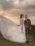 Shimmering A Line V Neckline Wedding Dress with Appliques & Feather Straps AWD1753-SheerGirl