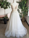 Shimmering Tulle A Line V Neck Bridal Gown with Re-emabroidery Unlined Bodice Wedding Dress AWD1718-SheerGirl