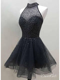 Short A Line Black Beaded Homecoming Dresses High Neck Organza Sweet 16 Party Dress ARD1018-SheerGirl