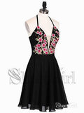 Short Embroidery Chiffon Homecoming Dresses Backless Halter Little Black Dress ARD1718-SheerGirl