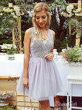 Short Silver Homecoming Dresses Lace Applique V Neck Mini Hoco Dress ARD1671-SheerGirl