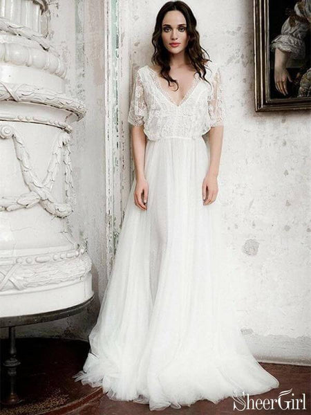 Short Sleeve Boho Wedding Dresses Ivory Lace & Chiffon Rustic Wedding –  SheerGirl
