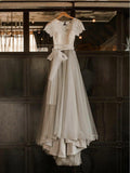 Short Sleeve Lace and Tulle Silver Country Wedding Dresses with Sash AWD1265-SheerGirl