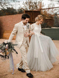 Short Sleeve Lace and Tulle Silver Country Wedding Dresses with Sash AWD1265-SheerGirl