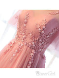 Short Sleeve Pink Flare Sleeve Prom Dresses Applique Backless Evening Ball Gowns ARD1048-SheerGirl