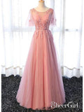 Short Sleeve Pink Flare Sleeve Prom Dresses Applique Backless Evening Ball Gowns ARD1048-SheerGirl