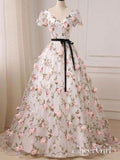 Short Sleeve V-Neck Floral Pink Appliqued Prom Dresses Evening Ball Gowns with Sash ARD1004-SheerGirl