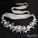 Silver Crystal Floral Bridal Sash with Ivory Ribbon ACC1144-SheerGirl