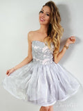 Silver Jacquard Strapless Homecoming Dress A Line Organza Knee Length Hoco Dress ARD1685-SheerGirl