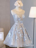 Silver Lace Applique Homecoming Dresses Embroidered Short Prom Dress ARD1496-SheerGirl