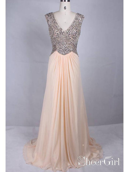 Silver Sequin Formal Dresses Modest Peach Wedding Guest Dresses for Su –  SheerGirl