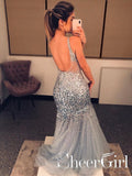 Silver Sequins Luxurious See Through Party Dress Backless Mermaid Long Prom Dress ARD2525-SheerGirl