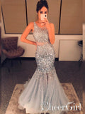 Silver Sequins Luxurious See Through Party Dress Backless Mermaid Long Prom Dress ARD2525-SheerGirl