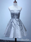 Silver Strapless Mini Lace Homecoming Dresses Shiny Sequin Homecoming Dress ARD1517-SheerGirl