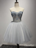 Silver Tulle Homecoming Dresses Strapless Beaded Short Prom Dress ARD1516-SheerGirl