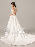 Simple A Line Beaded Wedding Dresses V Neck Cream White Satin Bridal Gowns AWD1006-SheerGirl