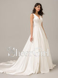 Simple A Line Beaded Wedding Dresses V Neck Cream White Satin Bridal Gowns AWD1006-SheerGirl