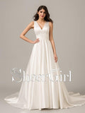 Simple A Line Beaded Wedding Dresses V Neck Cream White Satin Bridal Gowns AWD1006-SheerGirl