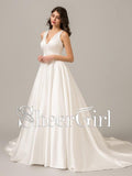 Simple A Line Beaded Wedding Dresses V Neck Cream White Satin Bridal Gowns AWD1006-SheerGirl