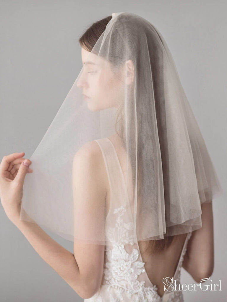 Aiosy Bridal Wedding Veils Short 2 Tier White Tulle Blusher Veil