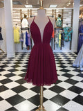 Simple Chiffon Short Burgundy Prom Dresses V Neck Backless Homecoming Dress ARD1470-SheerGirl