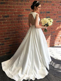 Simple Ivory V Neck Wedding Dresses Open Back Modest Ball Gown Wedding Dress AWD1241-SheerGirl