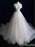 Simple Off the Shoulder Wedding Dresses Champagne Tulle Weding Gown AWD1341-SheerGirl