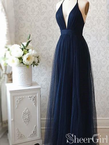 Simple Prussian V-neck Bridesmaid Dresses Backless Tulle Evening Dress ...