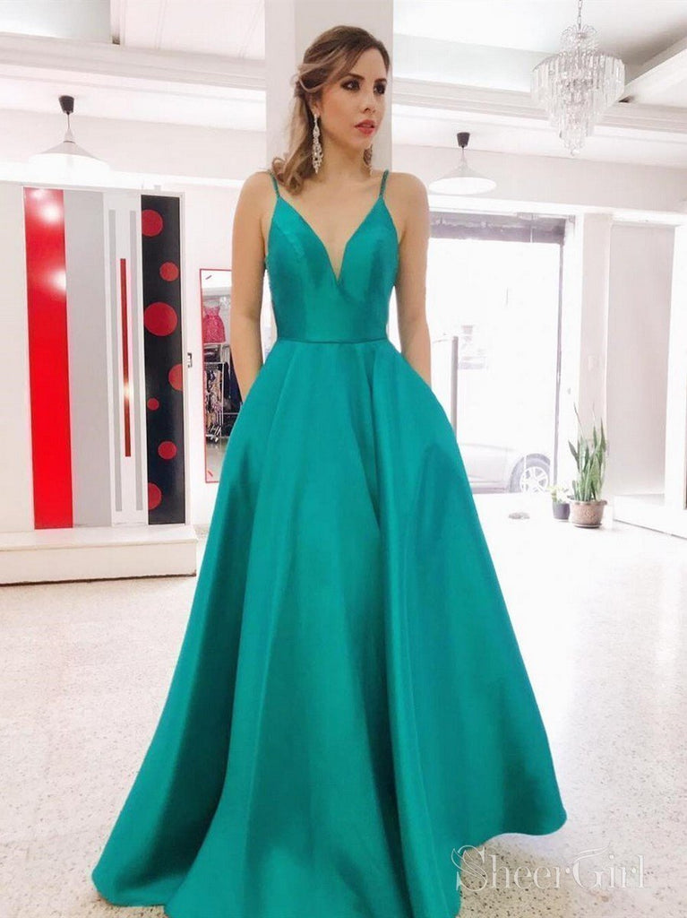 Simple V Neck Long Prom Dresses with Pocket Backless Military Ball Gow ...