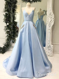 Simple V Neck Sky Blue Satin Long Prom Dresses with Pocket ARD1968-SheerGirl