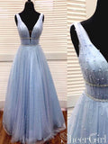 Sky Blue Beaded Long Prom Dresses Pearls Tulle Cute Prom Dress 2019 ARD1874-SheerGirl