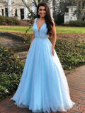 Sky Blue Beaded Long Prom Dresses Pearls Tulle Cute Prom Dress 2019 ARD1874-SheerGirl