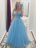 Sky Blue Beaded Long Prom Dresses Pearls Tulle Cute Prom Dress 2019 ARD1874-SheerGirl