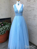 Sky Blue Beaded Long Prom Dresses Pearls Tulle Cute Prom Dress 2019 ARD1874-SheerGirl