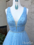 Sky Blue Beaded Long Prom Dresses Pearls Tulle Cute Prom Dress 2019 ARD1874-SheerGirl