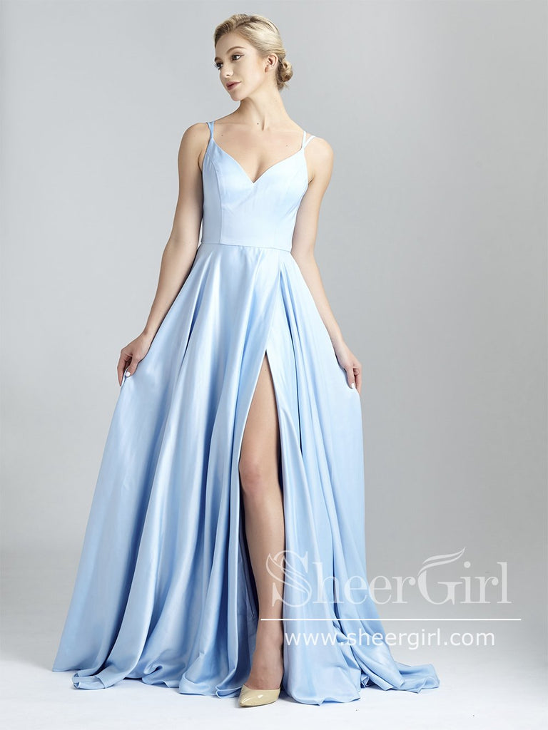 Sexy Light Sky Blue Spaghetti Straps Thigh-high Slit Prom Dress