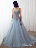 Sky Blue Formal Prom Dresses Long Lace Appliqued Gray Tulle Cheap Quinceanera Dresses 2018 APD3299-SheerGirl