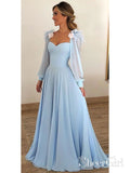 Sky Blue Long Chiffon Prom Dresses with Sleeves Modest Formal Dress ARD1981-SheerGirl