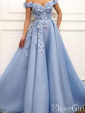 Sky Blue Off The Shoulder Prom Dresses Beaded Long Formal Dress ARD2401-SheerGirl