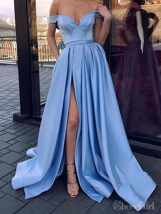 Sky Blue Double Spaghetti Straps High Slit Sexy Party Dress A Line Flo –  SheerGirl