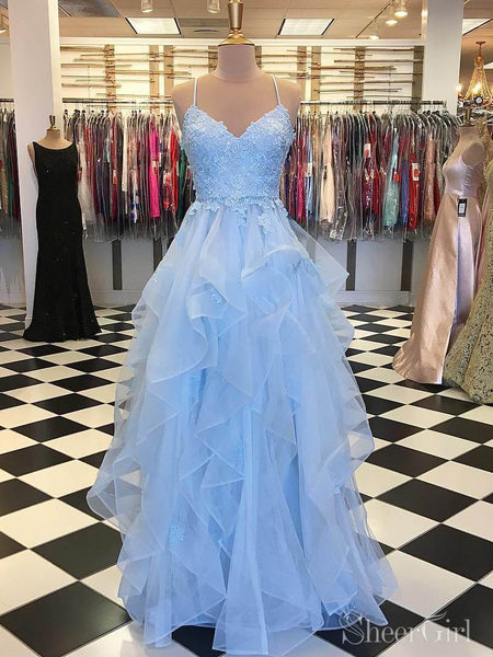 – Spaghetti Strap A Ruffle Prom Blue Skirt Sky SheerGirl Junior Dress Prom Dresses