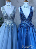 Sky Blue Sequis 3D Flower Prom Dresses A Line Deep V Neck Formal Dresses ARD2495-SheerGirl