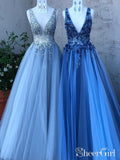 Sky Blue Sequis 3D Flower Prom Dresses A Line Deep V Neck Formal Dresses ARD2495-SheerGirl